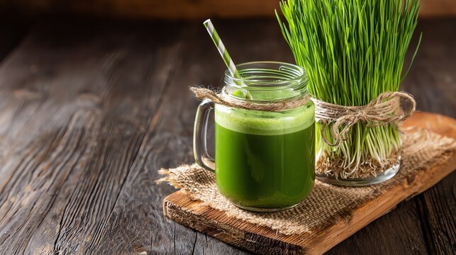 .Wheatgrass juice.A refreshing green smoothie served in a glass jar, surrounded by fresh grass. Perfect for a healthy lifestyle, this drink is ideal for nutrition enthusiasts and wellness advocates. - Powered by Adobe