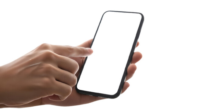 Close up of a hand holding and interacting with a blank screen smartphone against a black background