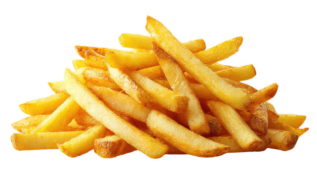 Potato fries pile showing golden crispy snack with salted texture and delicious fast food detail isolated on white background
