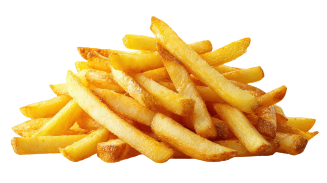 Potato fries pile showing golden crispy snack with salted texture and delicious fast food detail isolated on white background