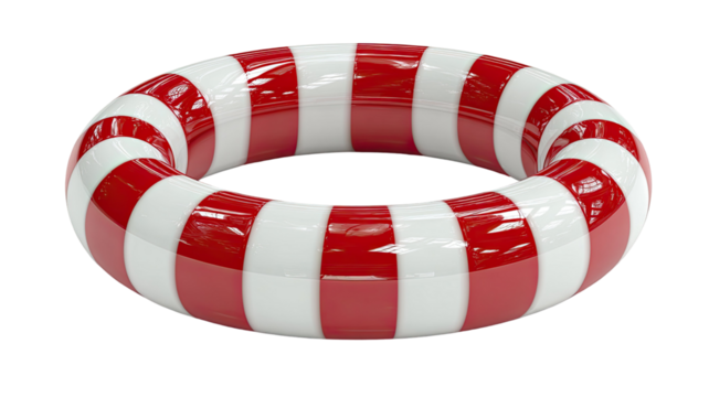 Red and white striped ring showing circular pattern with glossy surface and vibrant decorative object detail isolated on white background