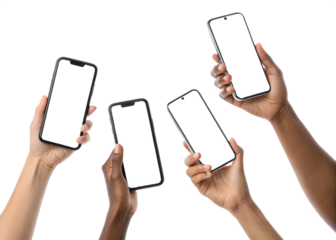 Multiple hands holding smartphones upward against a dark background