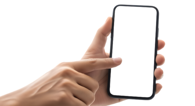 Person s hand holding a black screen smartphone against a dark background