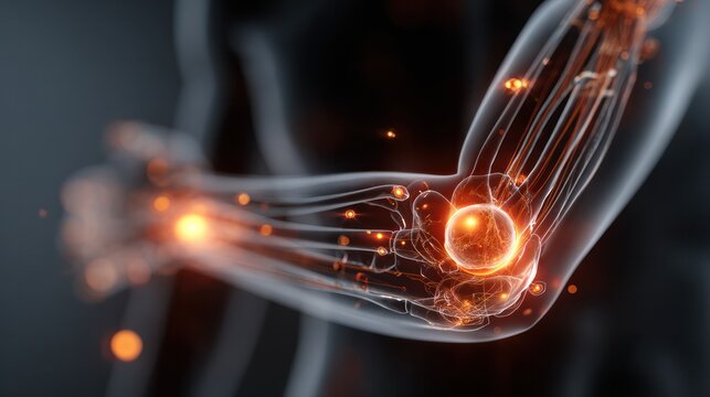 Illuminating the Human Anatomy: A close-up view highlighting the intricacies of the human elbow, its radiant glow representing health, wellness, and the miracle of human existence.