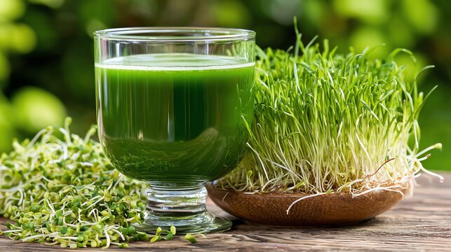A refreshing glass of green juice surrounded by fresh sprouts and wheatgrass