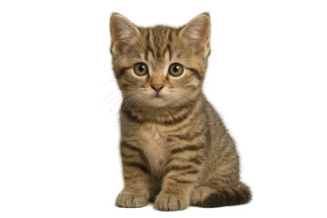 Obraz premium Tabby kitten sitting and looking directly at viewer, cute young animal with striped fur, pet for companionship