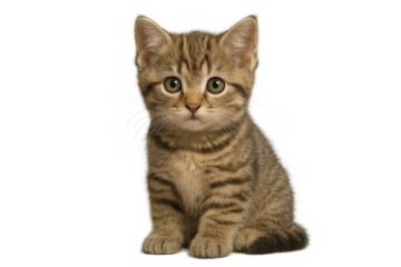 Tabby kitten sitting and looking directly at viewer, cute young animal with striped fur, pet for companionship