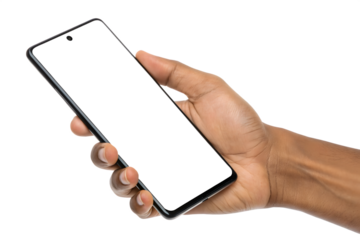 Close up of a hand holding a black smartphone with a blank screen against a dark background