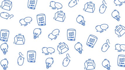 Doodles education tech. lamp, chat, mouse,ebook animated pattern background technology with icon symbols. Animated colored icons on white background. Loop motion graphic. - Powered by Adobe