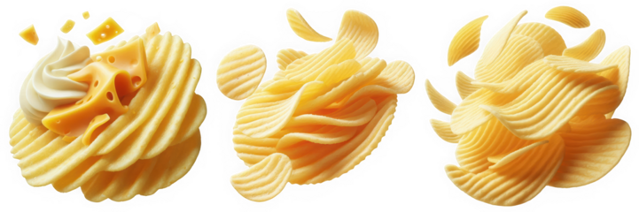 Three stacks of potato chips with cheese and cream toppings on a white background png on transparent background
