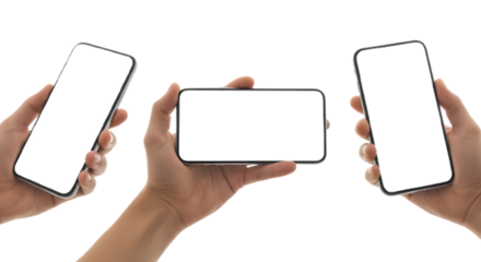 Three hands holding smartphones with blank screens against a dark background