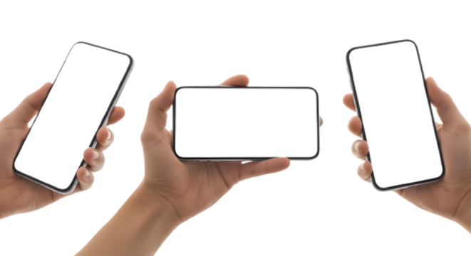 Three hands holding smartphones with blank screens against a dark background