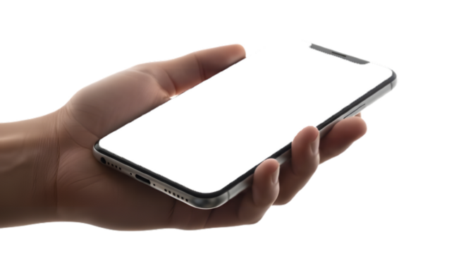 Hand holding a modern smartphone with a dark screen against a black background