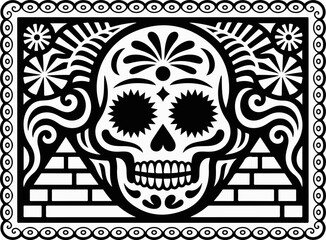 Intricate black and white sugar skull illustration with floral patterns, swirls, and geometric elements, framed by a decorative border.