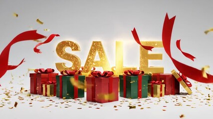 Christmas Sale Festive Gift Boxes Golden Sale Sign and Red Ribbons on White Backdrop boxing day shopping