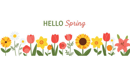 A vibrant illustration of various spring flowers such as tulips, sunflowers, daffodils, and daisies, forming a cheerful border with "HELLO Spring" text.