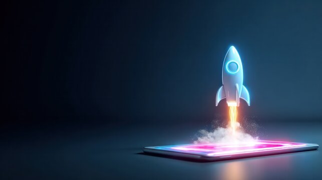 Digital Launch: A futuristic rocket blasting off from a sleek, illuminated digital tablet, representing innovation, progress, and the digital era.