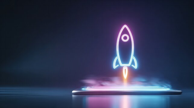 Rocket Launch: a stylized depiction of a rocket taking off, emitting vapor, against a backdrop with vivid color