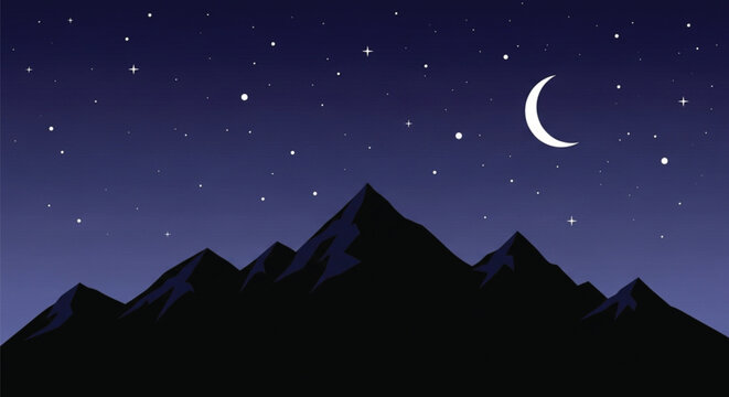 Mountain silhouettes under a starry night sky with a crescent moon shining bright