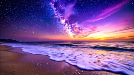 Milky Way over a tropical beach at sunset with vibrant colors and ocean waves. - Powered by Adobe