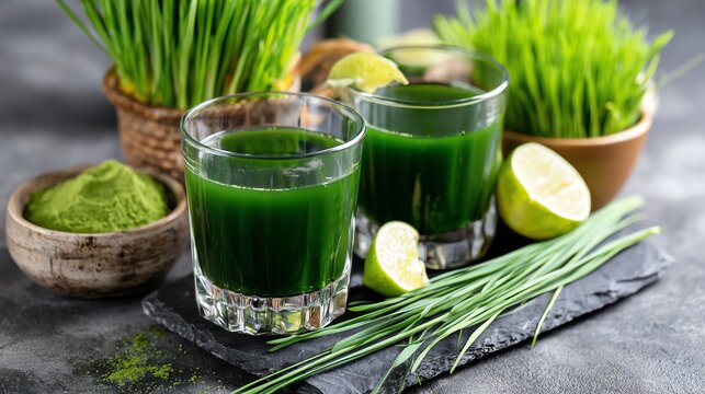 Wheatgrass juice.Fresh and vibrant green juice served in glass with lime slices, surrounded by fresh herbs and ingredients. Perfect for healthy lifestyle and wellness themes.