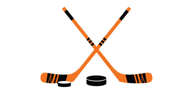 Two orange hockey sticks crossed with two black pucks, one smaller, on a white background, representing ice hockey sport equipment.