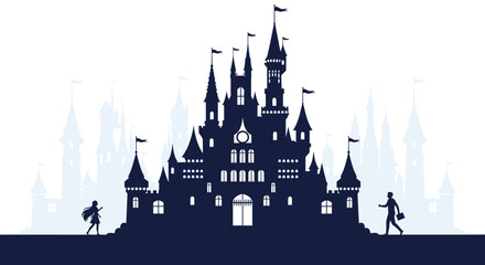 Fototapeta premium A magical silhouette of a majestic fairy tale castle, with a girl and a businessman on separate journeys in a world of dreams and reality.