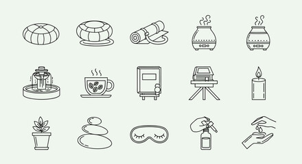 Collection of 15 minimalist outline icons representing wellness and relaxation activities, including meditation cushion, yoga mat, aromatherapy diffuser, fountain, tea cup, book, candle, potted