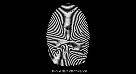 A stark, minimalist graphic features a detailed white fingerprint pattern against a solid black background, symbolizing unique data identification, personal security, and the intricate nature of