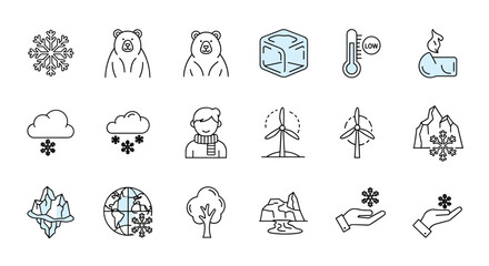 Bundle of Global Cooling Related Line Icons: A comprehensive collection of outline signs and symbols representing global cooling, winter weather, and environmental themes, perfect for graphic and web
