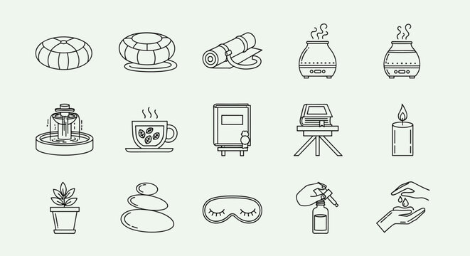 Collection of 15 minimalist outline icons representing wellness and relaxation activities, including meditation cushion, yoga mat, aromatherapy diffuser, fountain, tea cup, book, candle, potted