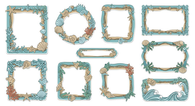 Collection of charming, hand-drawn, cut-out style frames and borders featuring a delightful marine theme with seashells, starfish, coral, and anchors, perfect for beach-themed invitations, greeting - Powered by Adobe