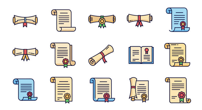 Bundle of filled color icons representing diplomas and certificates, featuring minimalistic linear pictograms suitable for web and graphic design, apps, banners, social networks, and educational