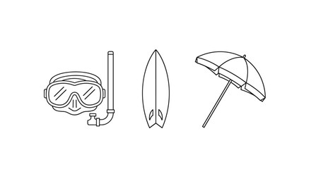 Set of thin line icons representing beach and water activities, including a diving mask with snorkel, a surfboard, and a beach umbrella, perfect for graphic and web design, apps, adverts, and various