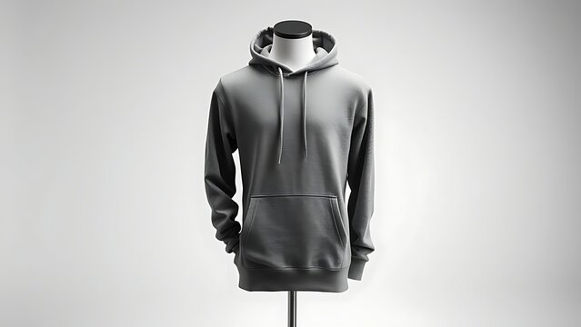 frontview. A minimalist grey hoodie displayed on a mannequin, highlighting its clean and modern design. lifestyle magazines, social media lookbooks, designed for influencer and brand collaborations.
