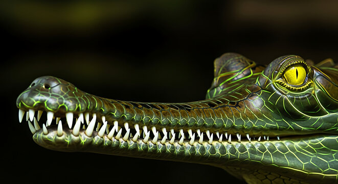 Mosaic Neon Gharial Snout, Crocodilian Art, Long-Jawed Glow Portrait