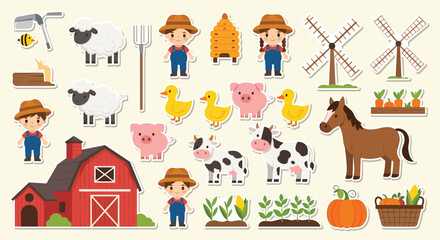 Naklejka premium A delightful collection of cartoon farm elements including animals, farmers, barn, tools, and various crops presented in a playful sticker style.