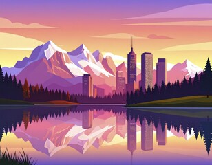 Stunning abstract illustration of a city skyline with mountains reflecting in the lake