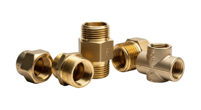 Brass plumbing fittings collection transparent background cutout png