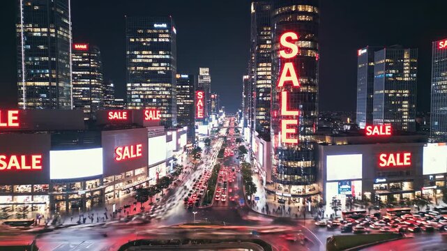 Night cityscape with SALE signs marketing and business concepts boxing day shopping - Powered by Adobe