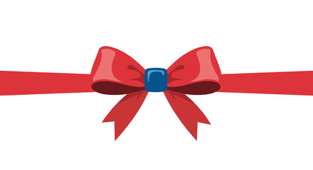 A bright red ribbon bow with a blue knot sits centered on a white background, perfect for gifts, celebrations, and festive designs.