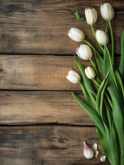 Elegant white tulips on rustic wood for floral design and vintage aesthetic