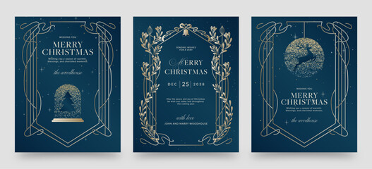 Fototapeta premium Christmas Flyer, Invite & Poster Template in Blue & Gold Luxury, Elegant & Classic Festive Theme with Vintage Christmas Border Frame and Merry Christmas Text