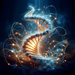 Futuristic Biotech Concept: Glowing Supercoiled DNA Molecule on a Dark Abstract Background