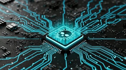 Cyber Security Threat: Microchip with a Blue Virus Skull Icon on a Glowing Circuit Board for Malware. - Powered by Adobe