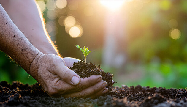 Close-up of planting tree seedling for growth and sustainability concept
