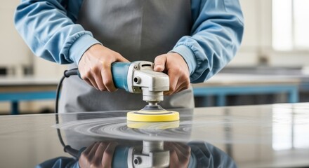 Worker Polishing Dark Stone Surface with Electric Polisher ,Precision Surface Finishing in Industrial Workshop with Reflective Gloss and Soft Lighting