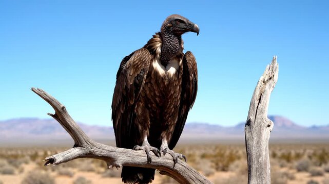 A large brown bird with a bald head and a hooked beak perches on a weathered branch. It surveys a dry desert landscape under a clear blue sky