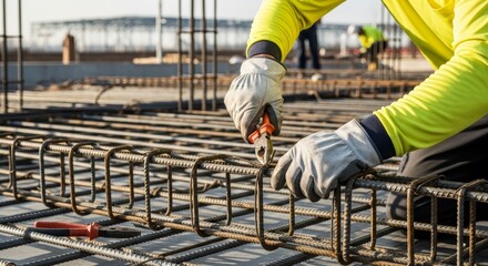 Construction Worker Tying Rebar Steel with Pliers, Precision Reinforcement Work at Building Foundation under Natural Daylight