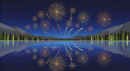 Colorful pyrotechnics display celebrating the new year with bright fireworks bursting over the lake and river at night